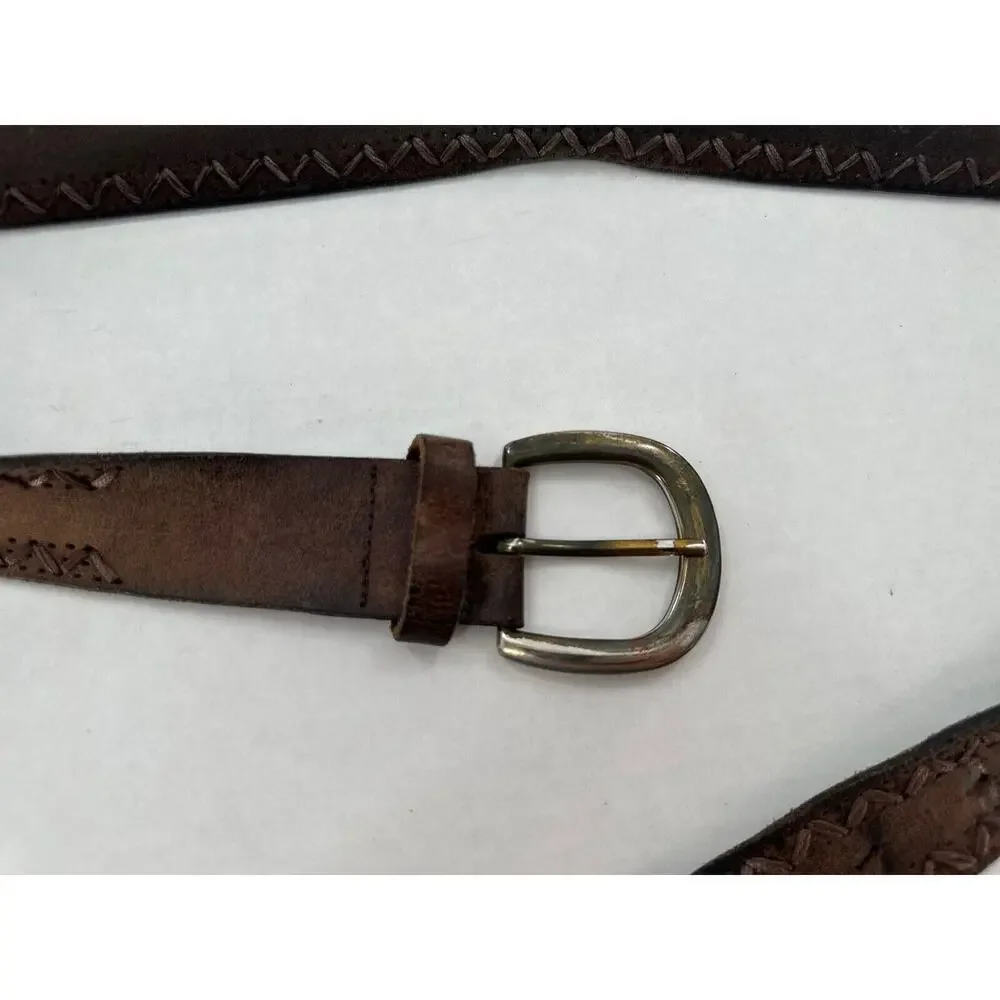 Vtg Belt Mens Cowhide Soft Leather Edge Stitch Brown Cowboy Rodeo Western Sz 40‌